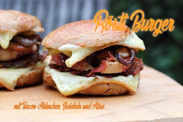 Rösti Burger mit Bacon-Hühnchen, Käse und Apfel Zwiebeln - LivingBBQ.de